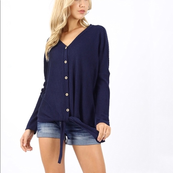 LAST Waffle Knit Knot Front Sweater - Blue 19011 - Picture 4 of 8